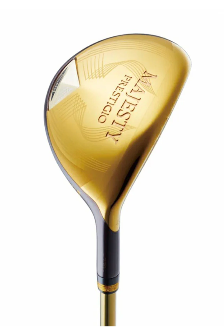 Majesty Prestigio premium gold golf hybrid club head on a white background