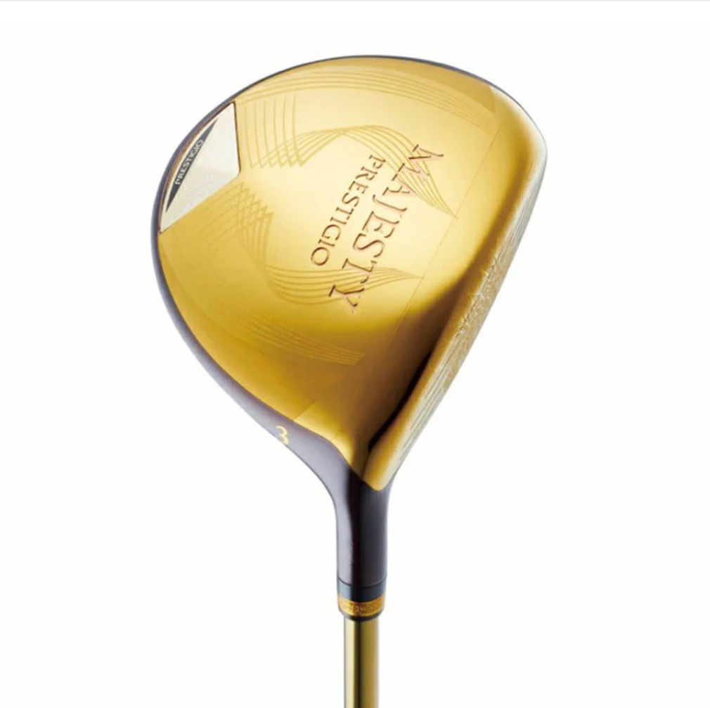 Majesty Prestigio luxury gold 3-wood fairway wood club head on a white background
