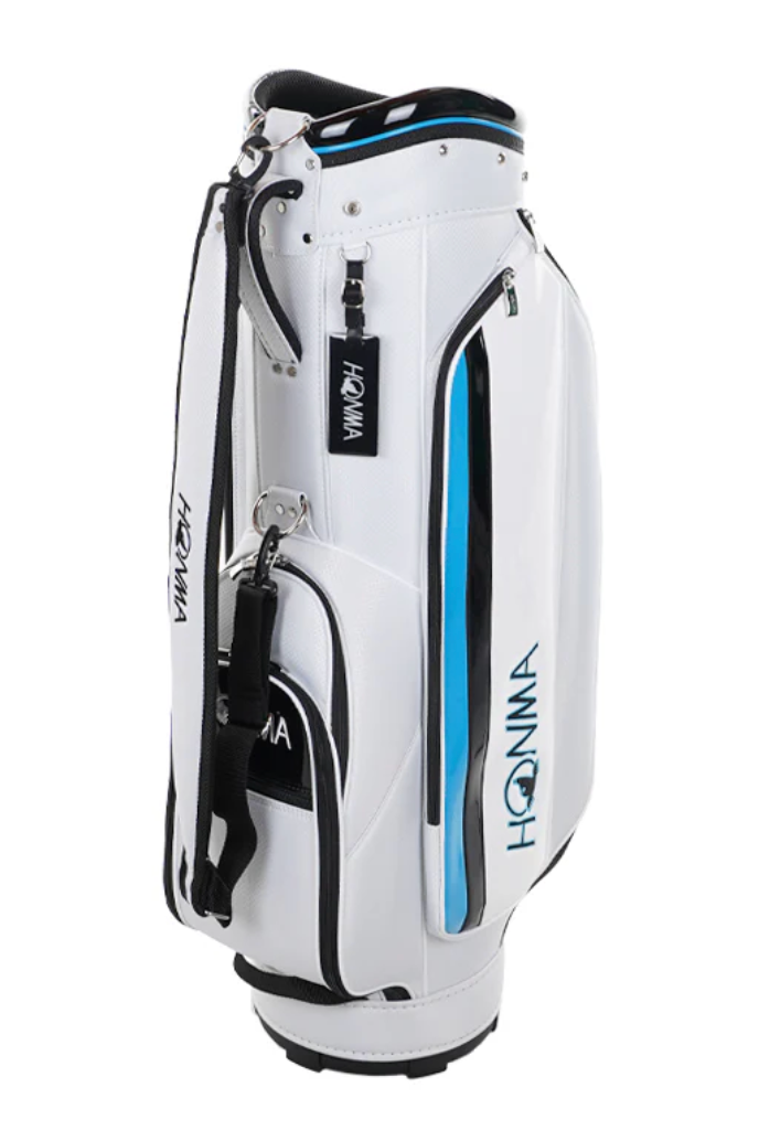 Honma luxury golf cart bag in premium white enamel with blue and black trim