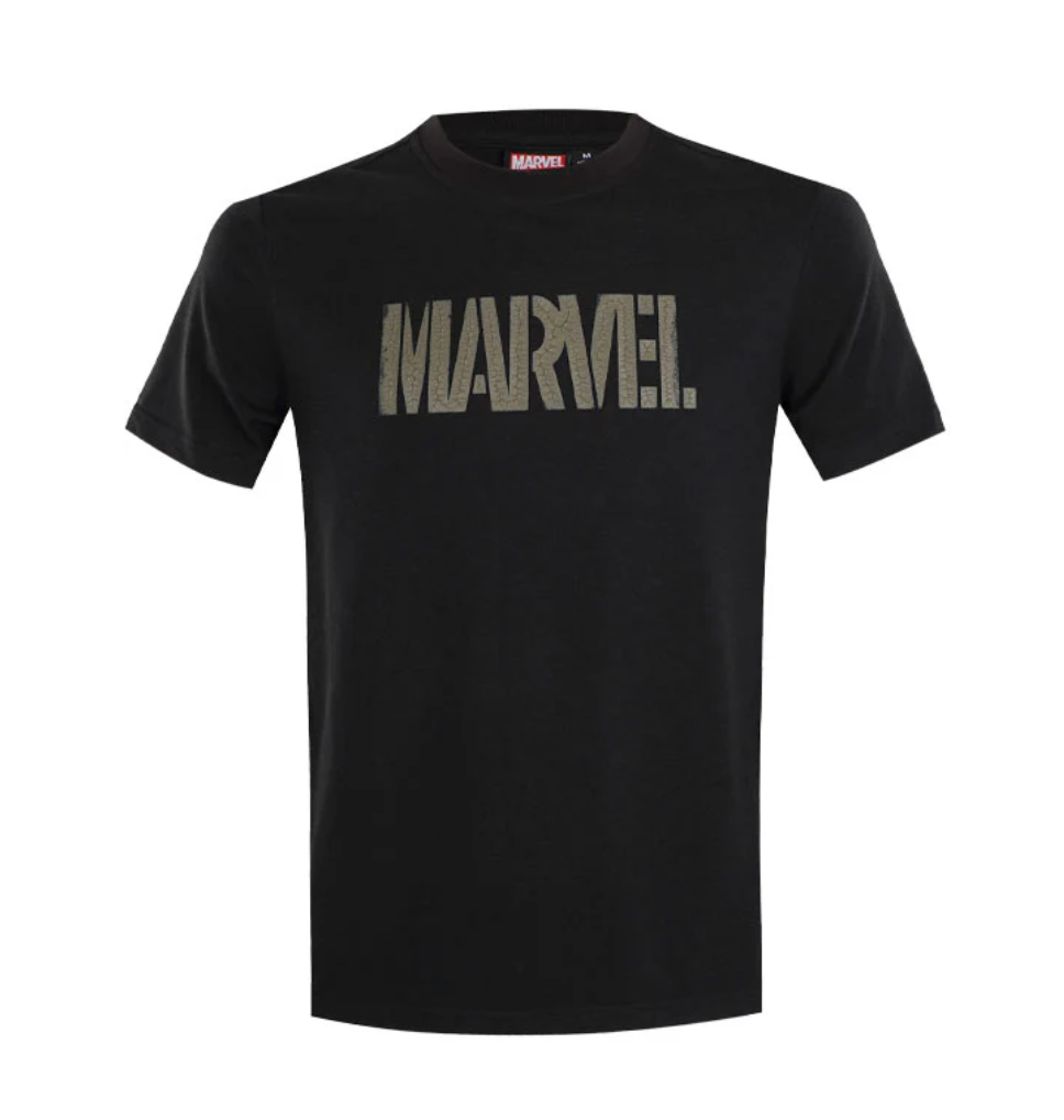 Official Disney Marvel black mens lifestyle crew neck t shirt with distressed logo