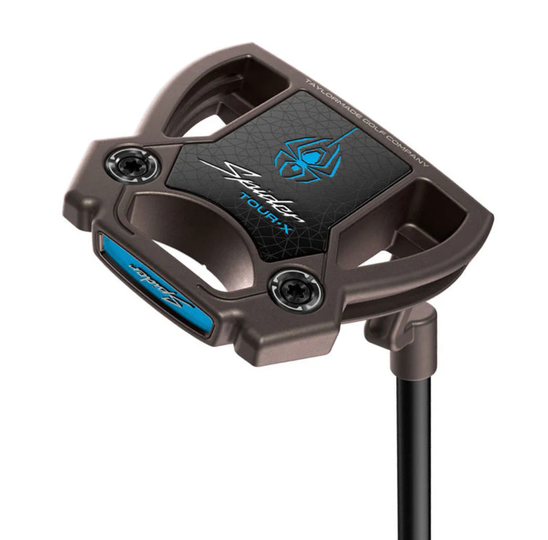 TaylorMade Spider Tour X mallet putter sole view with blue accents