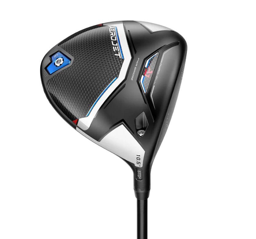 Cobra Aerojet 10.5-degree driver head showing carbon crown weave, PWR-BRIDGE weighting, and blue sole accents.