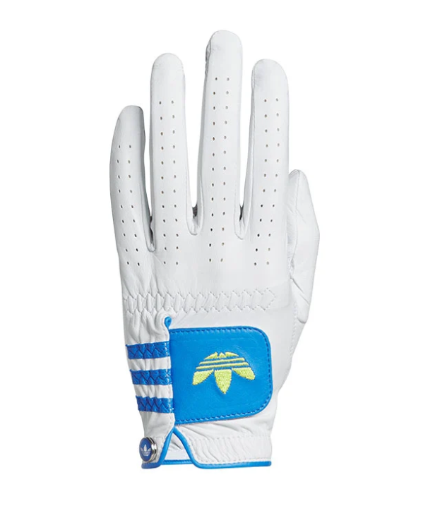 Adidas Originals white leather golf glove featuring blue trim and a yellow Trefoil logo closure tab.