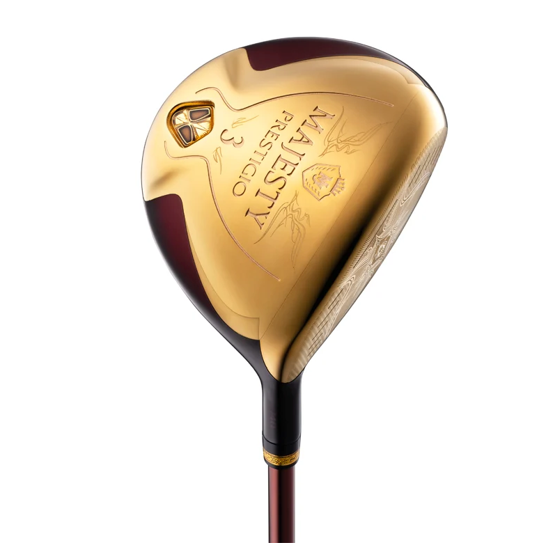 Majesty Prestigio 3-wood fairway wood featuring a luxury gold and deep red clubhead design with laser etching.