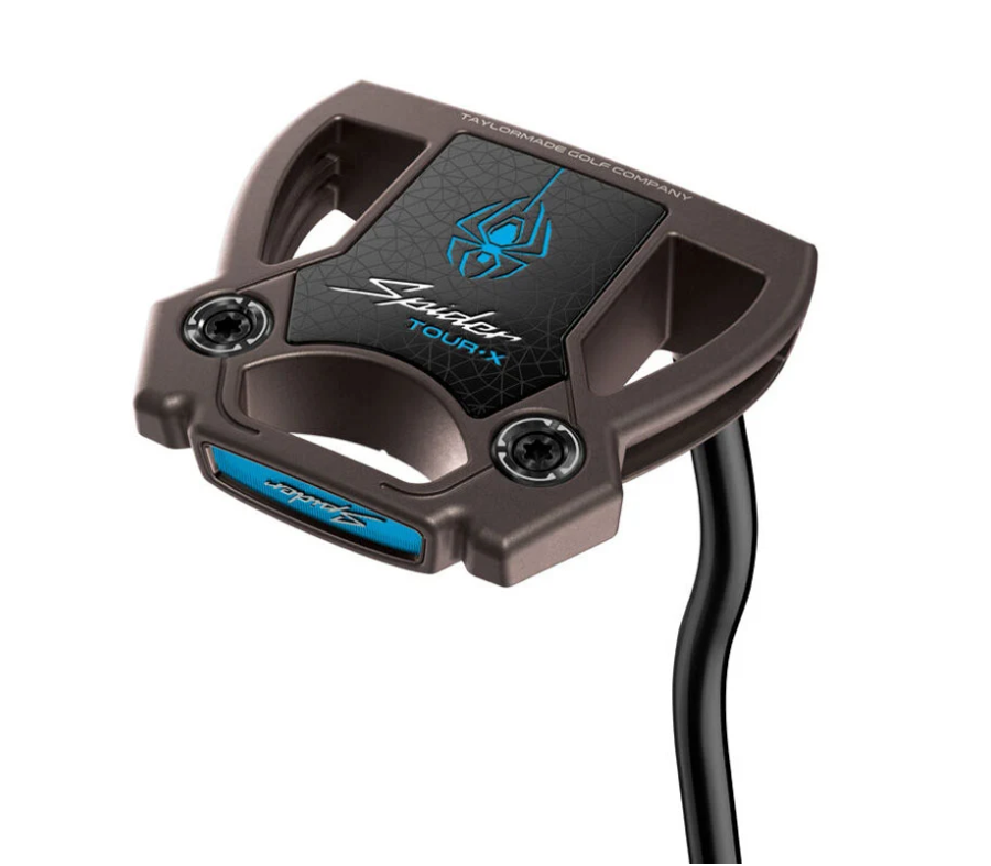 TaylorMade Spider Tour X mallet putter sole featuring a dark finish with bright blue spider logo accents and adjustable sole weights.