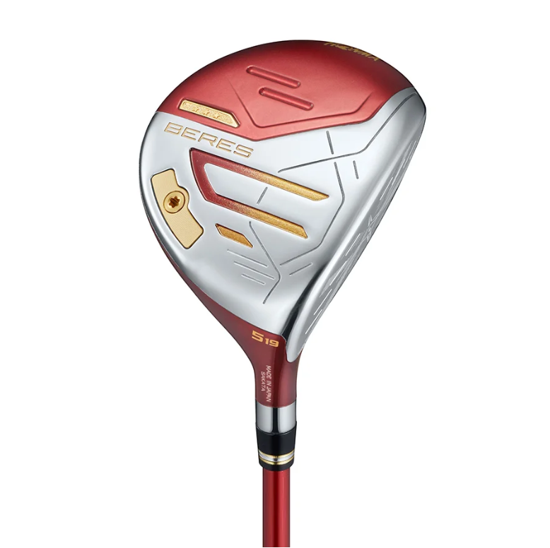 Honma Beres 3-Star 19-degree 5-wood in red and silver finish with luxury gold sole accents. 