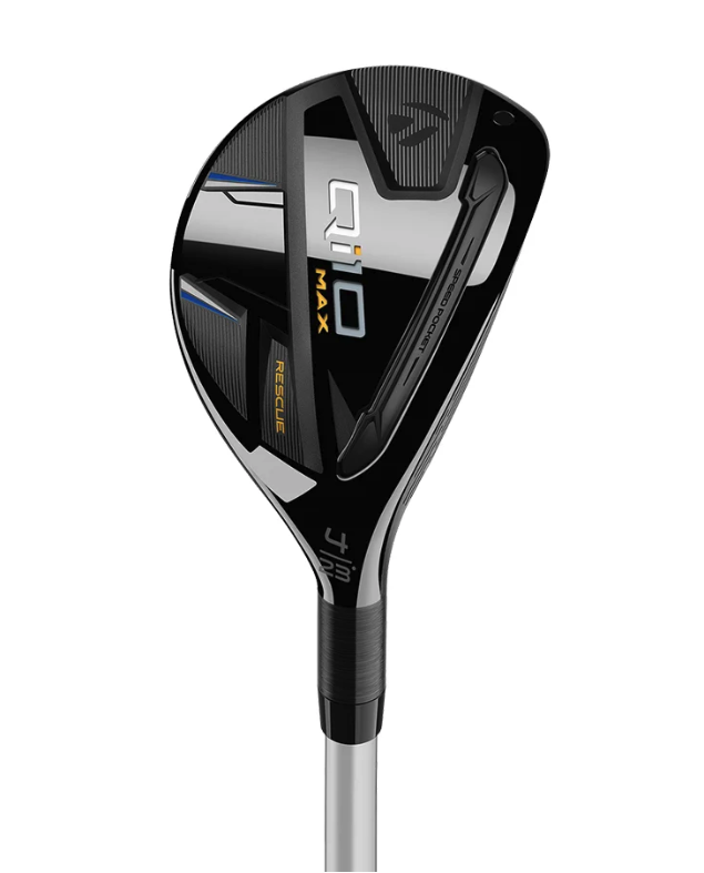 TaylorMade Qi10 Max Rescue #4 23-degree hybrid clubhead featuring a black finish with blue accents, Thru-Slot Speed Pocket, and carbon crown detailing.