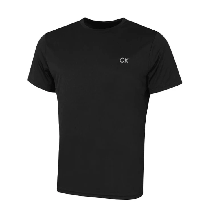 Black short-sleeve crewneck t-shirt featuring a small silver CK logo on the left chest.