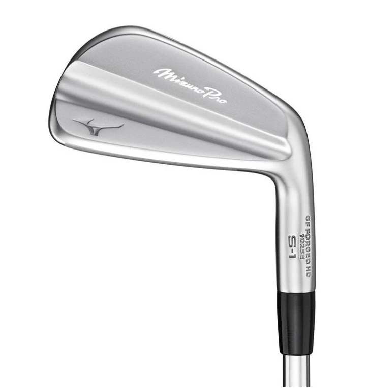 Mizuno Pro S-1 forged muscle-back iron head with a satin chrome finish, Runbird logo, and GF Forged HD 1025E hosel stamp.