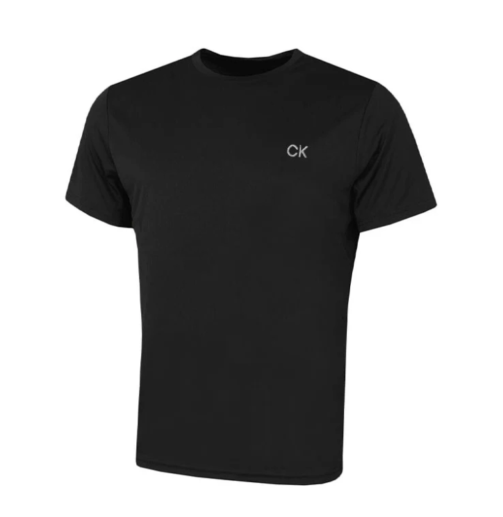 Black short-sleeve crewneck t-shirt featuring a small silver CK logo on the left chest.