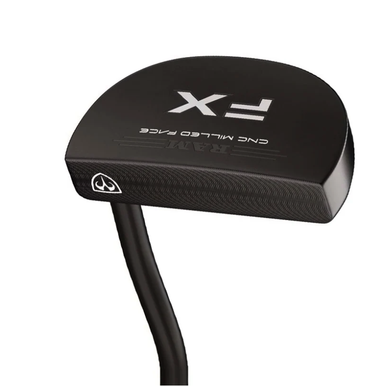 Matte black RAM FX mallet putter featuring a CNC milled face, white FX logo, and black shaft connection.