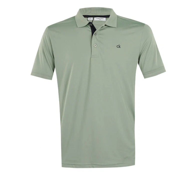 Calvin Klein men's short-sleeve golf polo shirt in sage green with a dark inner placket and small black CK logo on the chest.