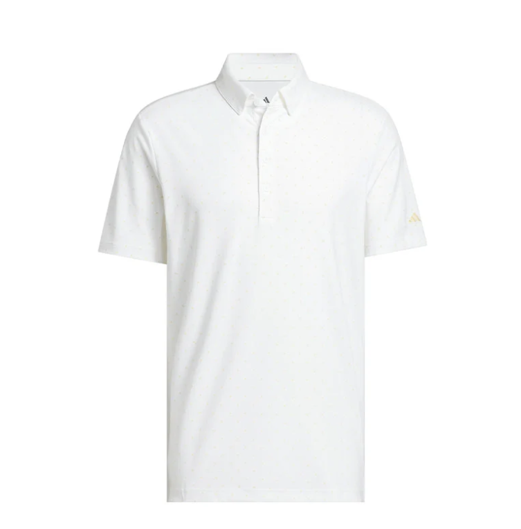 Adidas men's short-sleeve white polo shirt featuring a subtle yellow micro-dot pattern, button placket, and yellow adidas logo on the left sleeve.