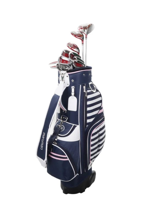 Maruman women's complete golf package set featuring red and silver clubs inside a navy blue, white-striped, and pink accented cart bag with shoulder strap.