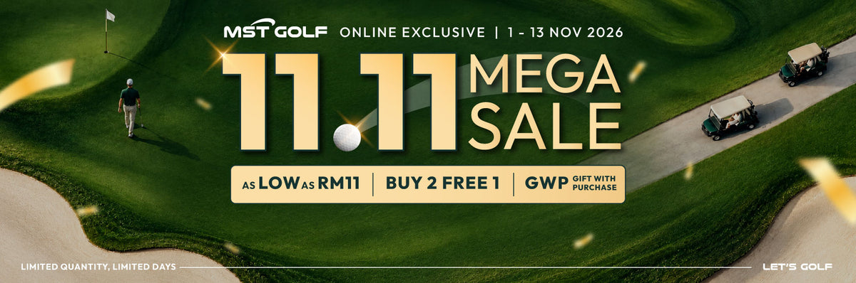 MST Golf 11.11 Mega Sale, featuring start date from 1 Nov-13 Nov 2026. The promotion features that the promo as low as RM11, Buy 2 Free 1 and Gift with Purchase (GWP).