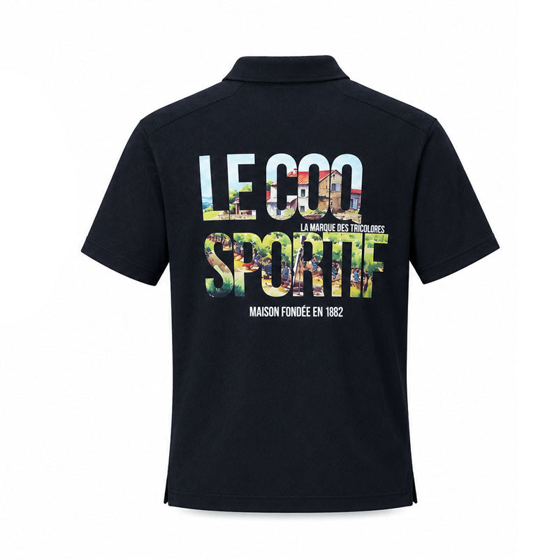 LE COQ SPORTIF GOLF Stretch Logo Graphic Back Print Men's Polo (Navy)